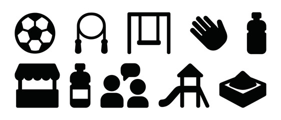 Playground and fitness icons: swing, jump rope, sandbox, slide, chat