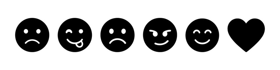 Black and white emoji faces with different expressions and heart symbol