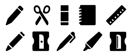 Silhouette icons of stationery items: pencils, scissors, eraser, notebook, ruler, sharpener, pen