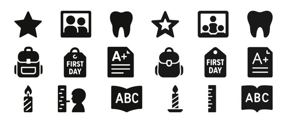 Educational symbols and icons: books, backpacks, grades, art supplies, and more