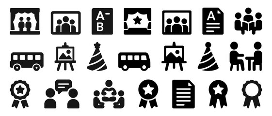 Set of black iconography for events, education, and communication
