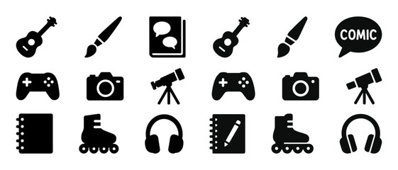 Creative icons set: guitar, paintbrush, notebook, controller, camera, telescope, roller skates, headphones