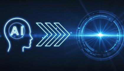 AI Revolution: A neon silhouette of a human head merging with advanced technological interface, illuminating the futuristic evolution of artificial intelligence and its infinite potential.