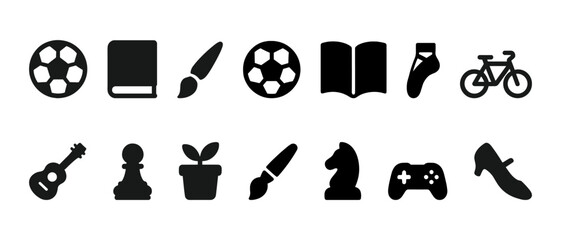 Collection of hobby and activity icons including sports, art, and music symbols