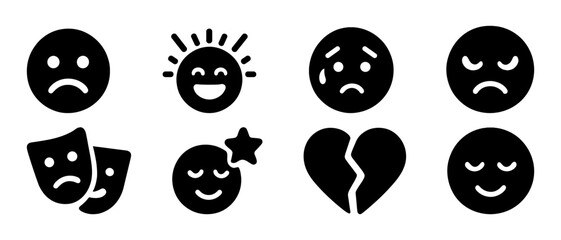 Minimalist black emoticons illustrating various emotions and expressions