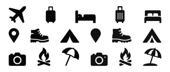 Travel and adventure icons: airplane, luggage, camping, camera, fire, umbrella