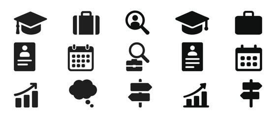 Education and business icons: graduation, briefcase, magnifying glass, calendar, growth chart