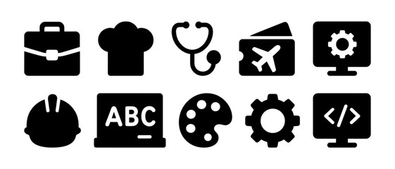 Set of black icons representing various professions and tools