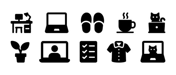 Home office essentials icons: desk, laptop, slippers, coffee, cat, plant, video call, checklist, shirt
