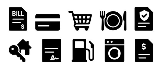 Financial and household icons: bill, credit card, shopping cart, dining, insurance, real estate, contract, fuel, laundry, invoice