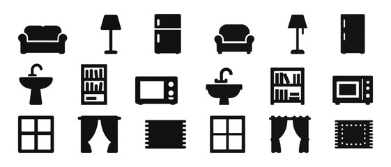 Home furniture and appliances icons: sofa, lamp, refrigerator, sink, microwave, window, and curtain illustrations
