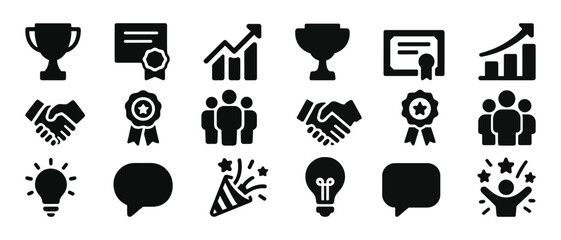 Business success icons: awards, growth, teamwork, and communication symbols