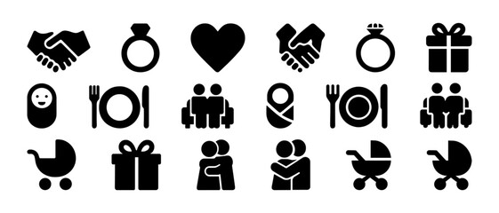 Family and relationship icon set: love, dining, parenthood, gifts