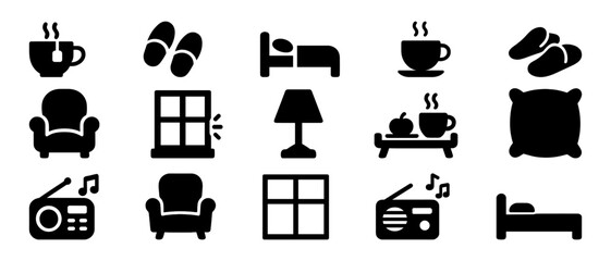 Cozy home icons: bed, armchair, coffee, slippers, window, lamp, radio
