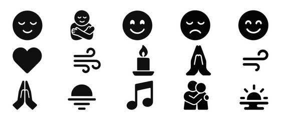 Mindfulness icons: meditation, emotions, relaxation symbols set