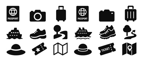 Travel icons set featuring passport, camera, suitcase, and more