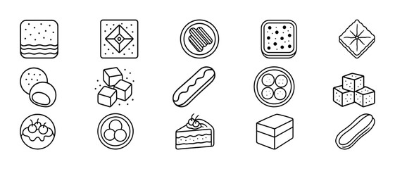 Outline icons of desserts and sweets: cookies, cakes, pastries, and candies