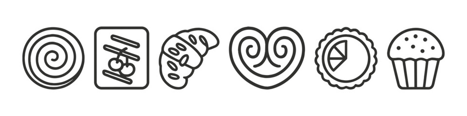 Line art icons of pastries and baked goods including croissant and muffin