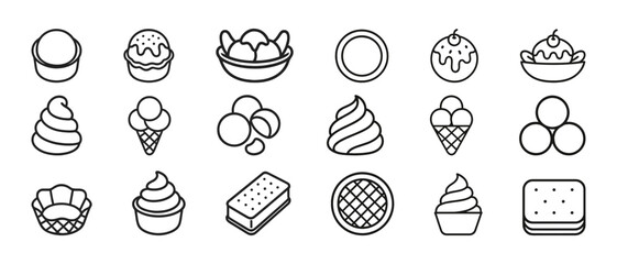 Ice cream desserts: cones, sundaes, sandwiches, waffle icons set