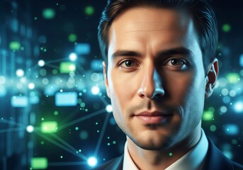 Confident businessman embodying innovation with digital network, representing futuristic leadership and technology solutions in global business contexts
