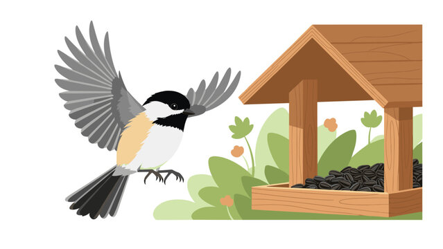 Adorable chickadee flying to a charming backyard bird feeder full of tasty seeds for a delightful nature scene, bringing joy to wildlife lovers