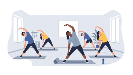 Diverse group enjoying dynamic yoga class together for flexibility and wellness in a bright studio, promoting health and balance