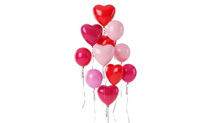 Arrangement of heart shaped and round balloons in shades of pink and red on a white background