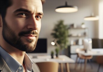 Confident businessman with a modern beard looking ahead, ready for success in a bright office space with plants and natural light, a symbol of leadership