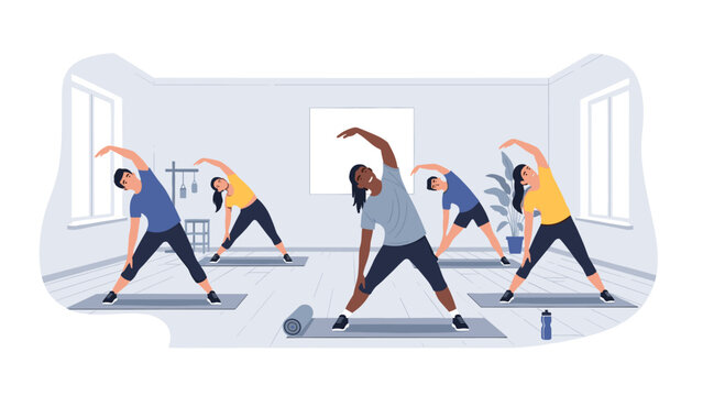 Diverse group enjoying dynamic yoga class together for flexibility and wellness in a bright studio, promoting health and balance