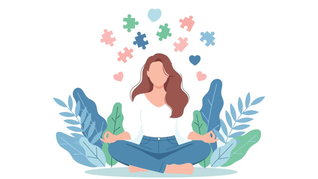 A woman meditates peacefully surrounded by floating puzzle pieces and hearts, symbolizing mental clarity and emotional well-being.