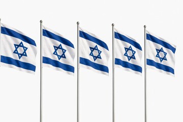 Five flags with blue stripes and a star symbol are waving gracefully in the wind, symbolizing national pride and cultural identity in a vibrant atmosphere