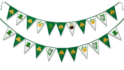 St patrick's day banner with green and white triangle flags featuring clovers hats and harps decor
