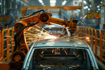 Automated robotic arm welding creates sparks in an industrial environment, revolutionizing manufacturing processes