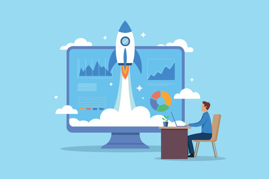 Business growth rocket launch from computer screen with charts