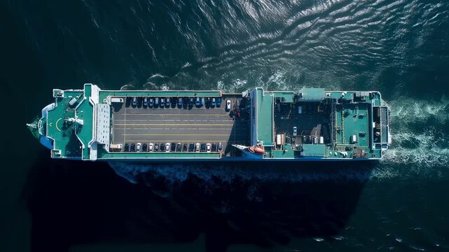 An aerial view of the RoRo vessel at sea focusing on the distinct overheight vehicle zone accentuated by the arrangement of vehicles and the ships design emphasizing its capacity for