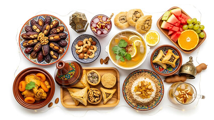 Overhead view of a variety of middle eastern dishes served on a white surface for a festive meal