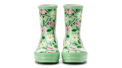 Front view of pair of light green rain boots decorated with pink and white floral patterns on white background