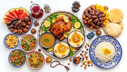 Overhead shot of a festive iftar spread featuring chicken dates watermelon and various side dishes