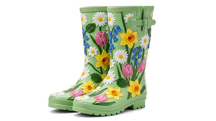 A pair of light green rain boots decorated with flowers on a white background in a studio shot