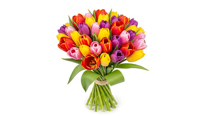 A vibrant bouquet of tulips in various colors isolated on a clean white background in a studio shot