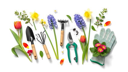 Overhead view of gardening tools and spring flowers on a white background arranged neatly together