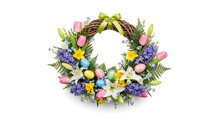 A floral easter wreath with tulips daffodils hyacinths lilies eggs and a green ribbon on white