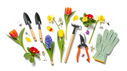 Arrangement of gardening tools and flowers on a white background in a flat lay composition