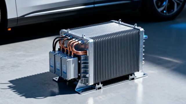 Medium shot highlighting a compact solid state transformer integrated in an electric vehicle powertrain for efficient energy conversion.