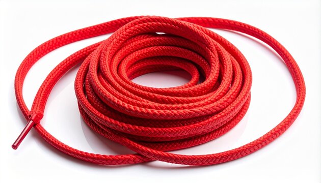 "Coiled red shoelace with plastic aglet on white background."