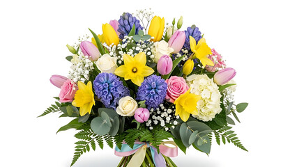 A colorful bouquet of tulips daffodils hyacinths roses and baby's breath tied with ribbon on white
