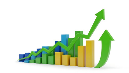 Colorful bar graph with upward trending green arrows on a white background showing growth trend