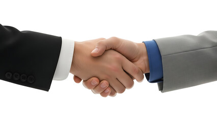 A close up of two people shaking hands wearing suits on a white background in a studio shot