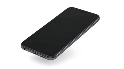 Isolated black smartphone with a blank screen displayed on a white background in a studio shot