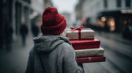 Person Carries Wrapped Gifts in a Busy Street During the Holiday Season While Others Walk and Shop Nearby